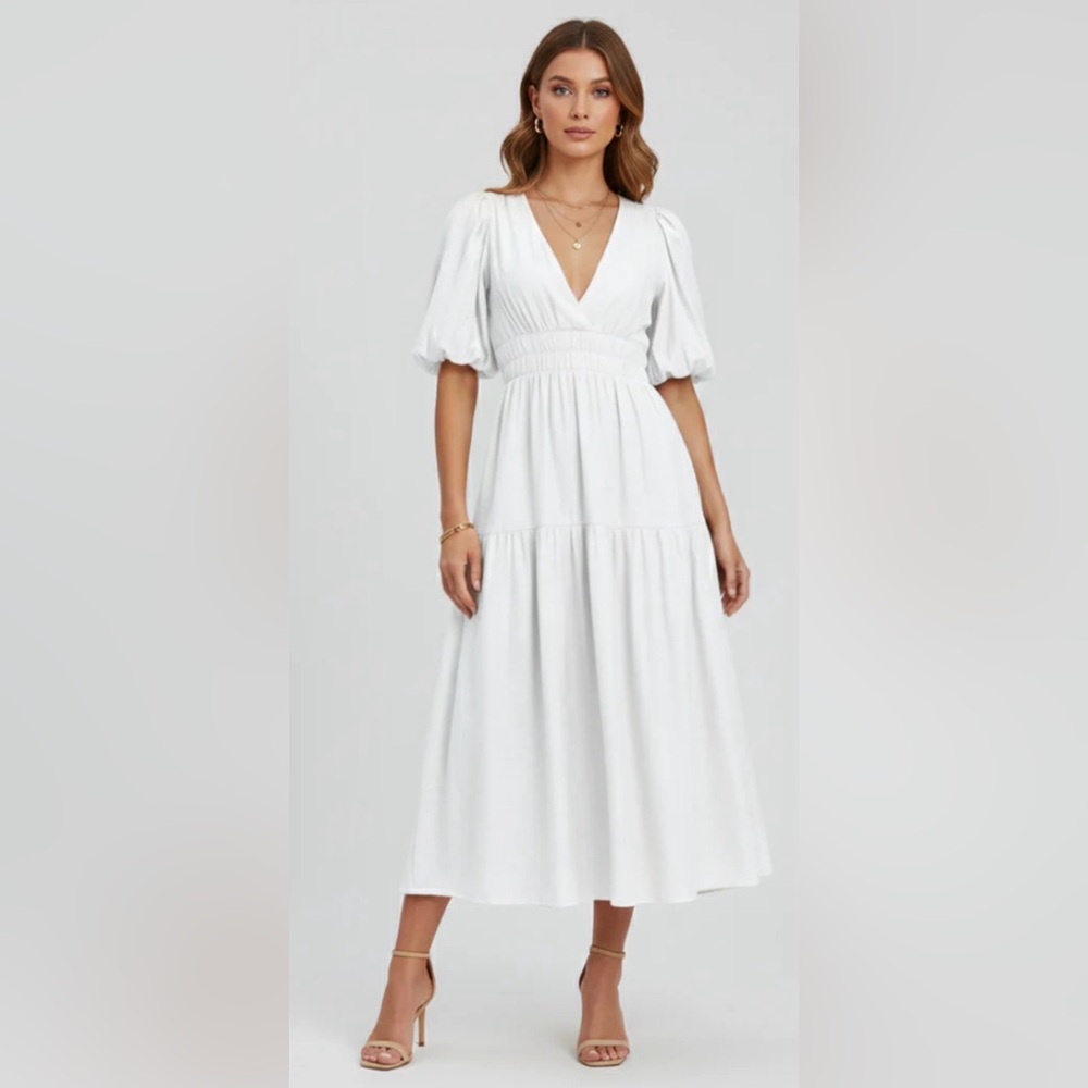 Women’s V-Neck Puff Sleeve Maxi Dress - White NWOT!